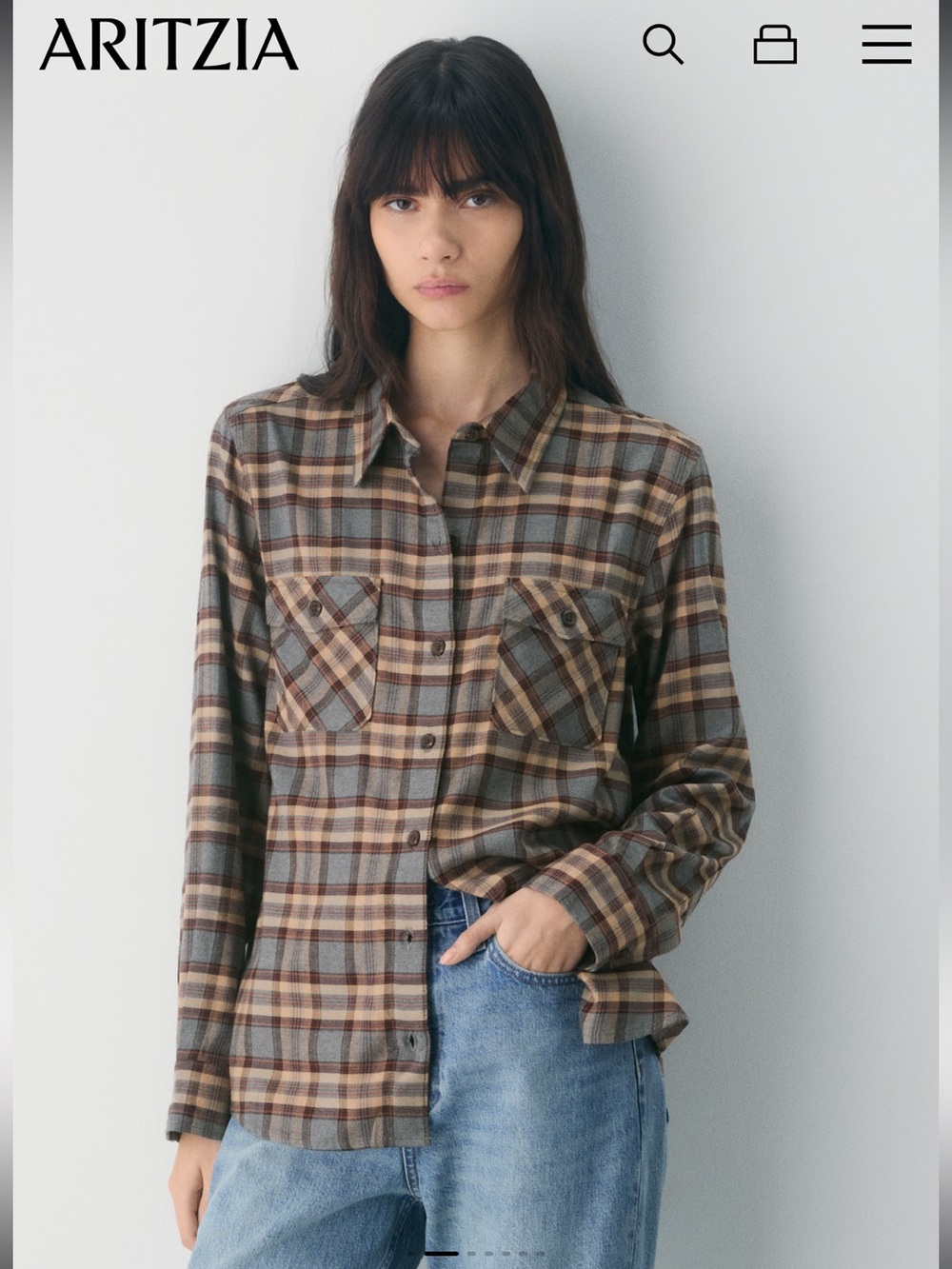 Aritzia Sunday Best Plaid Button-Down Shirt in Brown and Gray - Sz XS
